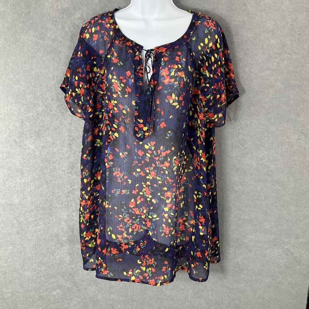 Liz Claiborne Womans Sheer Blouse Sz 2X Floral Artsy Cap Sleeve Charming